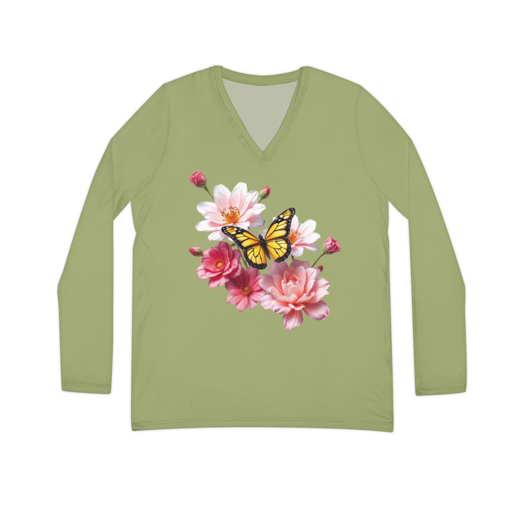 Flowers Bloom Butterflies Dance V-neck Olive Green Shirt