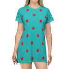 Red Rose Blooms Teal T-Shirt Dress