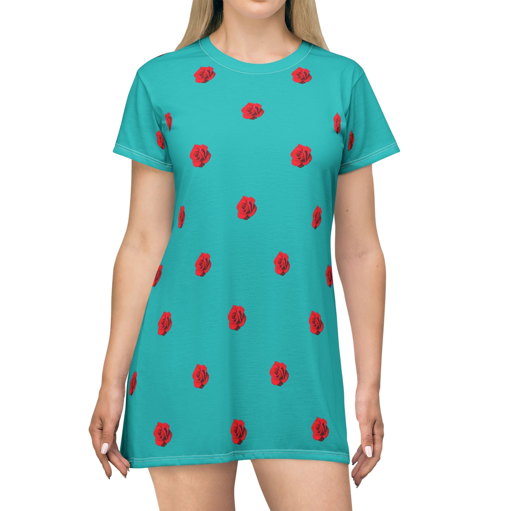 Red Rose Blooms Teal T-Shirt Dress