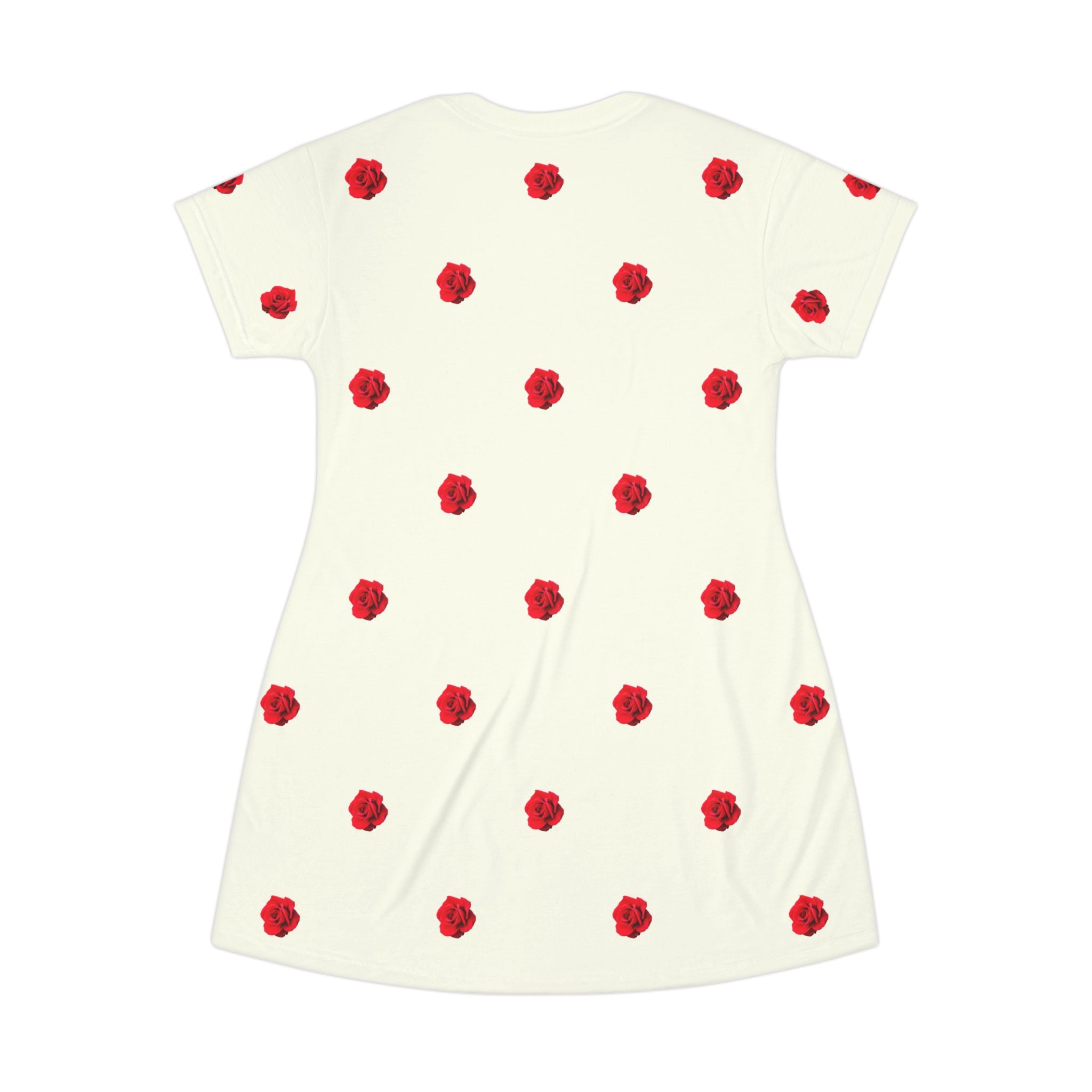 Red Rose Blooms Ivory Cream T-Shirt Dress