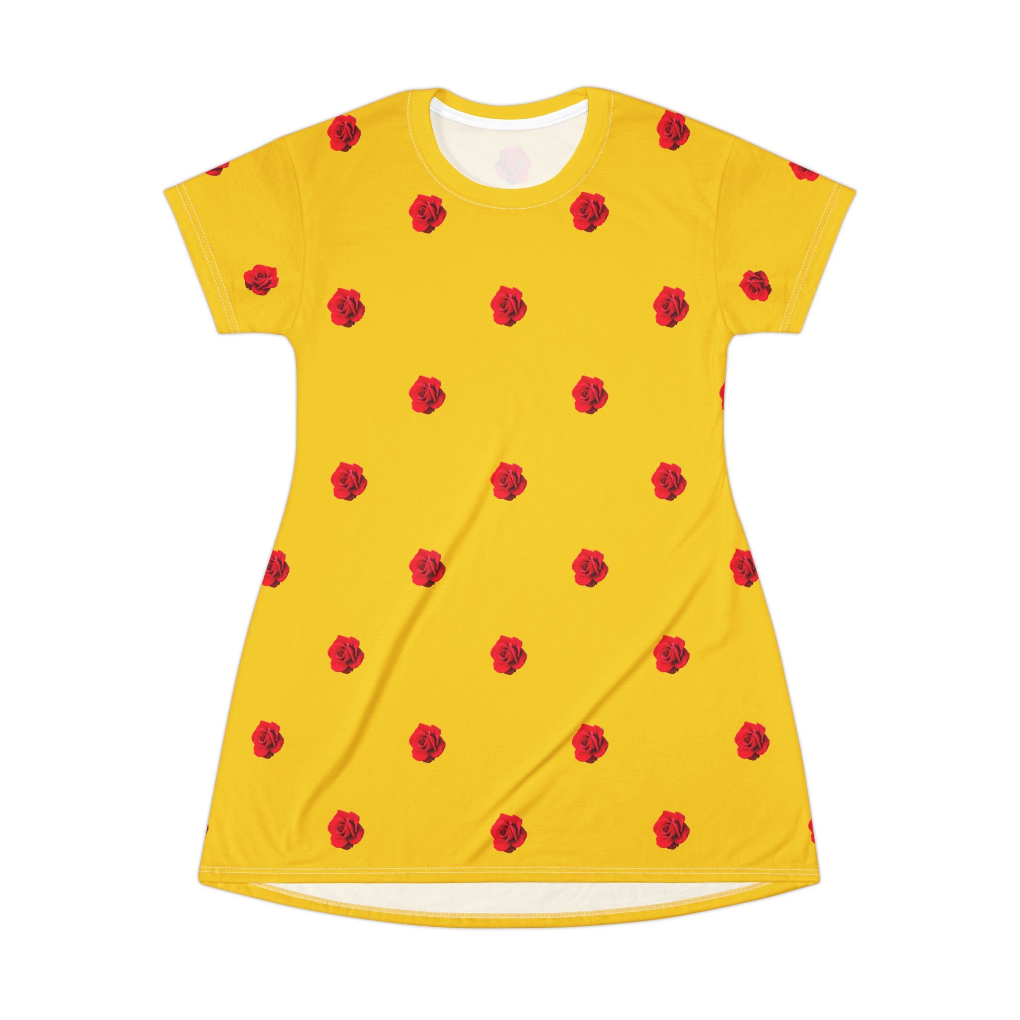 Red Rose Blooms Gold T-Shirt Dress