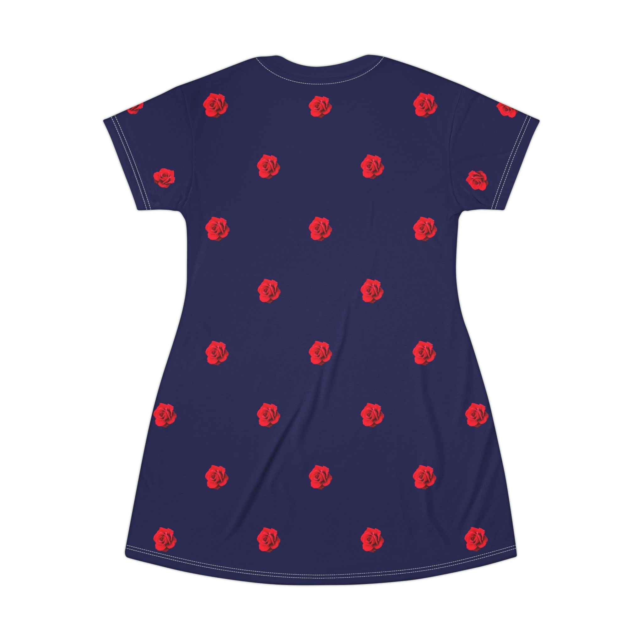 Red Rose Blooms Navy Blue T-Shirt Dress