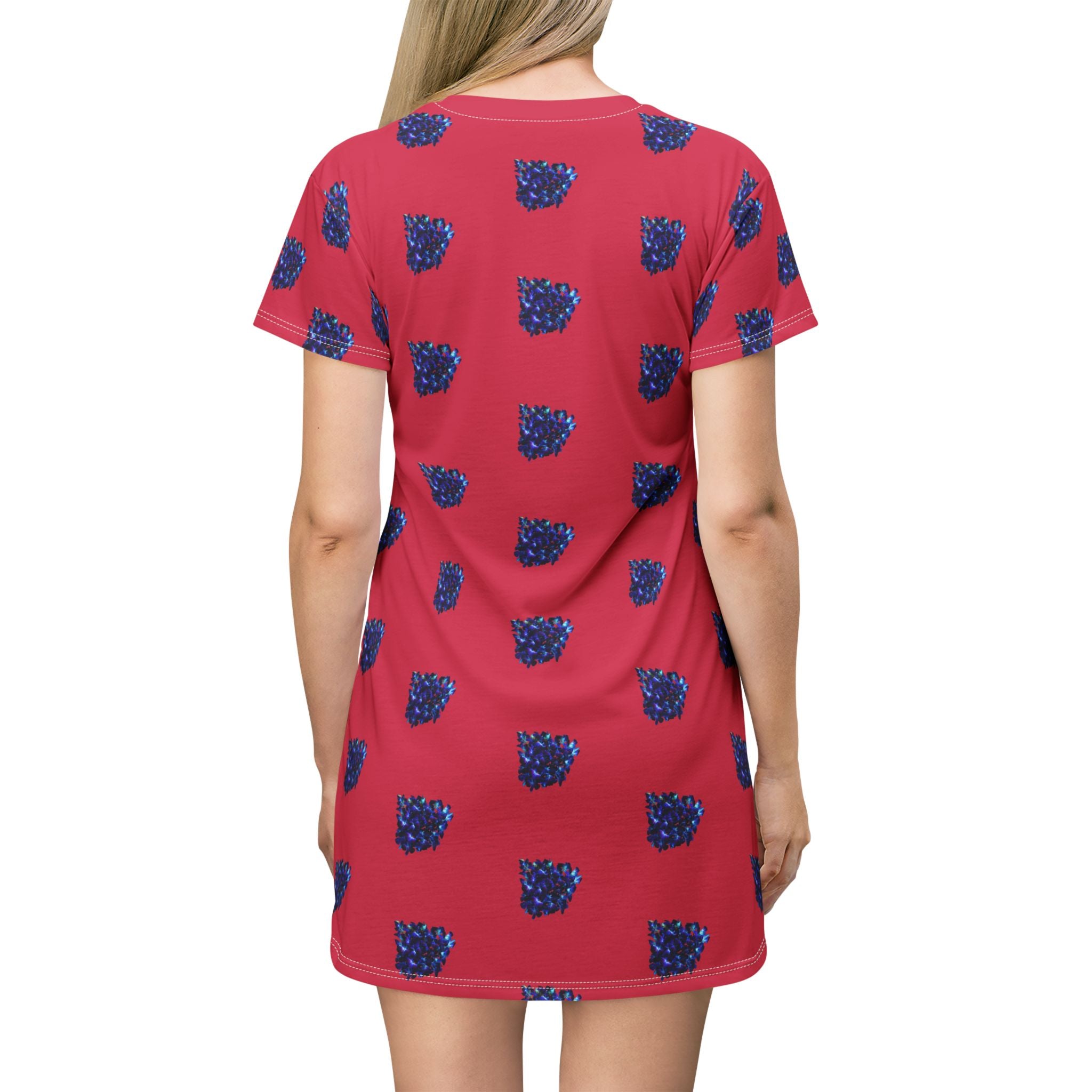 Blue Orchid Blooms Burgundy T-Shirt Dress