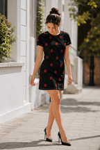 Red Rose Blooms Black T-Shirt Dress